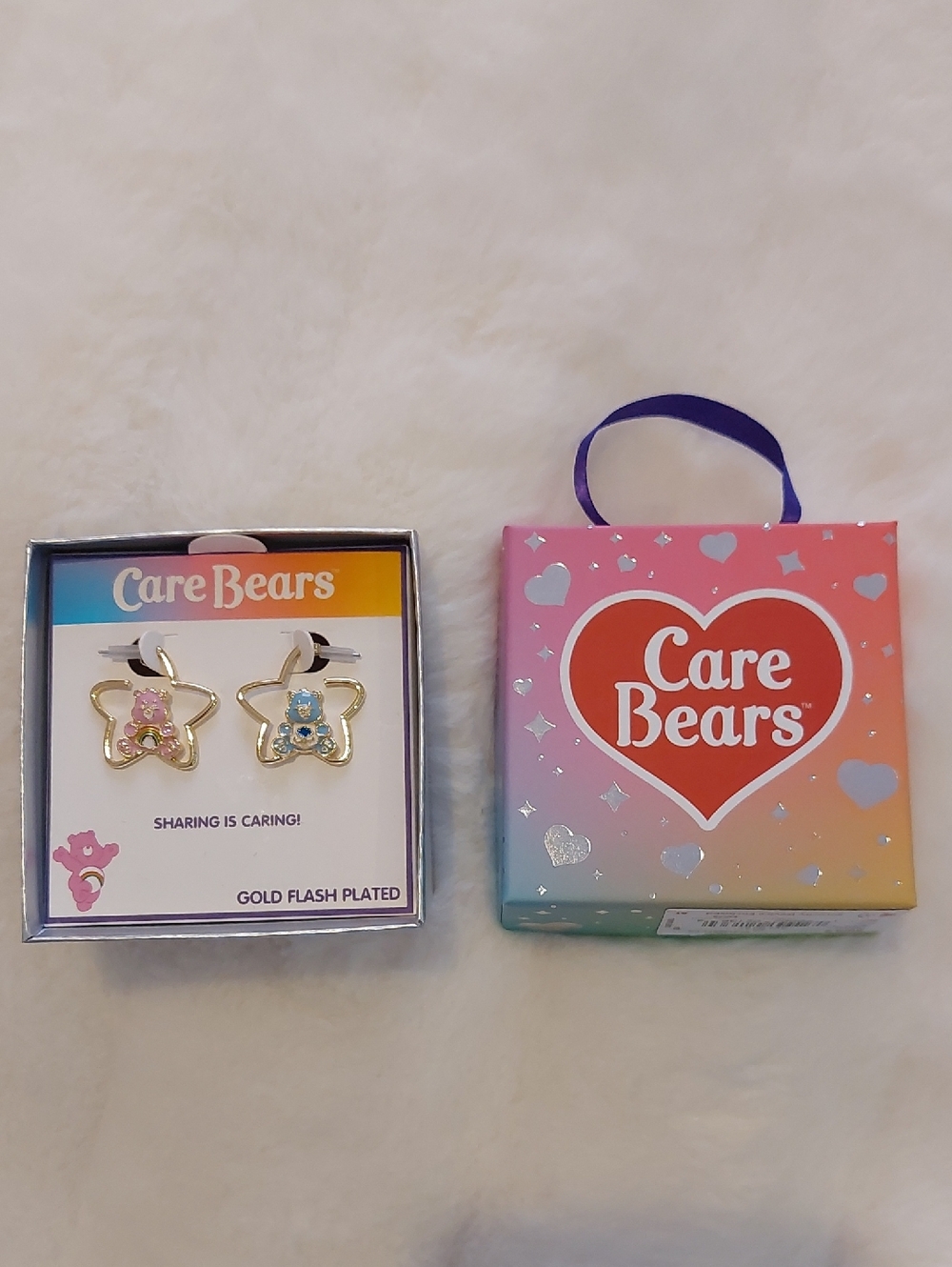 Care Bears Gold-Plated Star Earrings with Pink and Blue Bear Accents